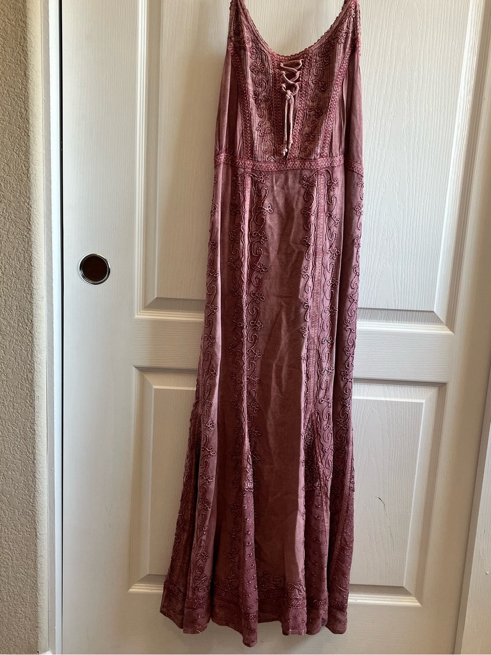 Cute Options Fairycore Boho Embroidered Lace Up Maxi Dress Mauve Pink XL - Picture 5 of 7